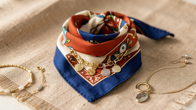 Bandana coloré noué autour de pendentifs dorés et argentés, présenté comme un accessoire de mode sur un tissu en lin naturel.