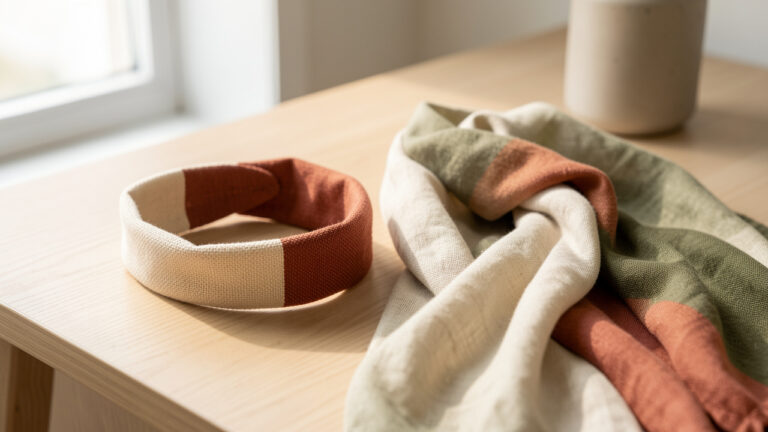 Bandeau textile élégant posé dans un décor minimaliste aux tons crème, terracotta et olive, éclairé par une lumière naturelle douce.