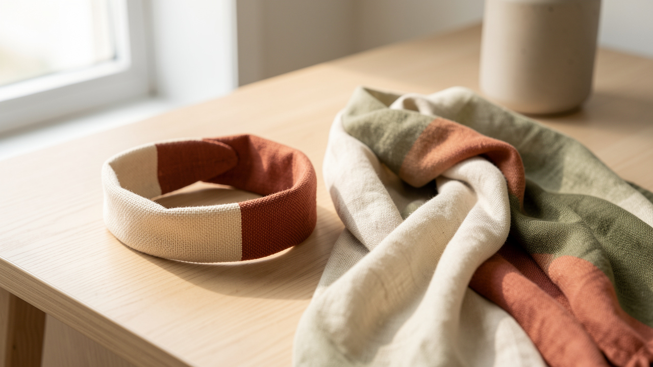 Bandeau textile élégant posé dans un décor minimaliste aux tons crème, terracotta et olive, éclairé par une lumière naturelle douce.