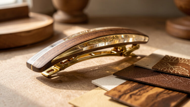 Barrette artisanale unique en bois de noyer, laiton, résine translucide et métal, présentée avec son mécanisme et des échantillons de matières dans un atelier lumineux.