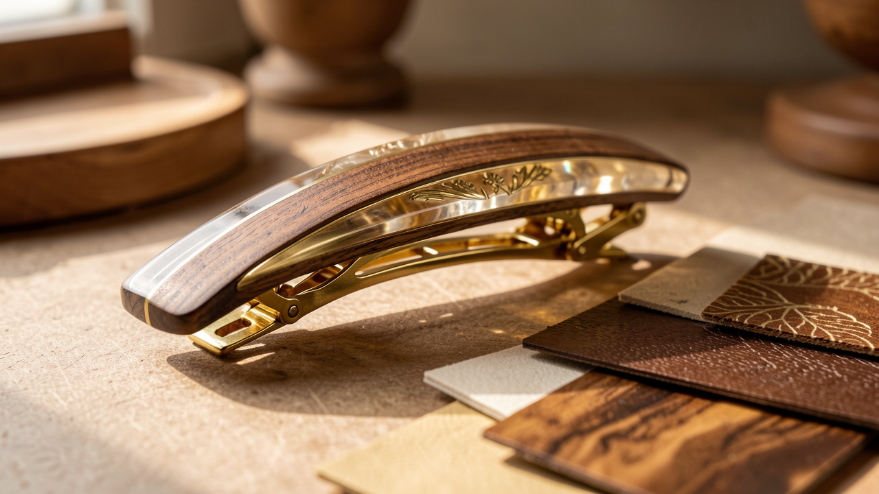 Barrette artisanale unique en bois de noyer, laiton, résine translucide et métal, présentée avec son mécanisme et des échantillons de matières dans un atelier lumineux.