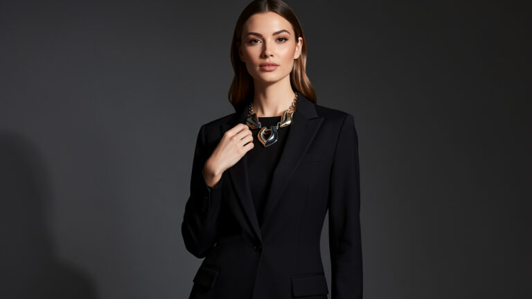 Femme élégante portant un collier statement sculptural sur une tenue noire minimaliste, dans une ambiance éditoriale raffinée.