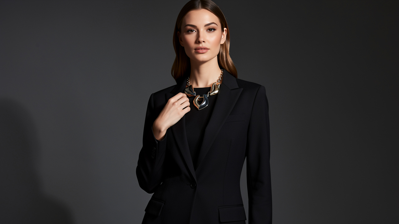 Femme élégante portant un collier statement sculptural sur une tenue noire minimaliste, dans une ambiance éditoriale raffinée.