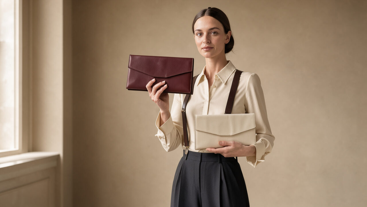 Femme élégante portant des bretelles en cuir avec une blouse crème et un pantalon taille haute, accompagnée de pochettes bordeaux et ivoire.