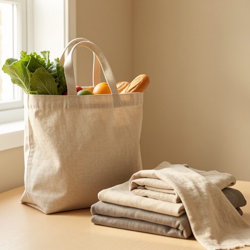 Cabas en lin naturel posé dans un intérieur lumineux avec des objets du quotidien illustrant ses usages et son entretien.