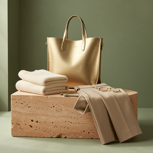 Cabas structuré kaki et doré associé à une tenue élégante aux tons crème, beige et dorés, présenté dans une composition mode minimaliste.