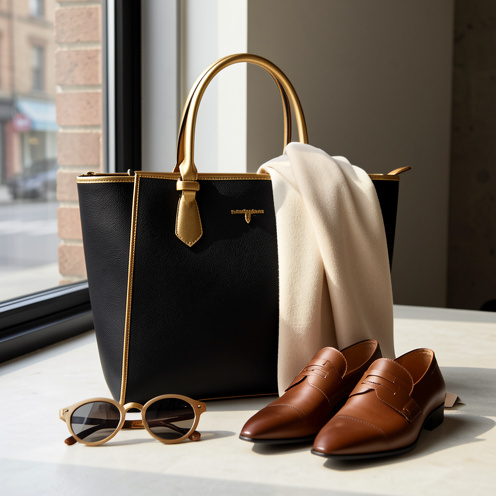Cabas noir et doré présenté avec des accessoires élégants dans une composition de mode raffinée.