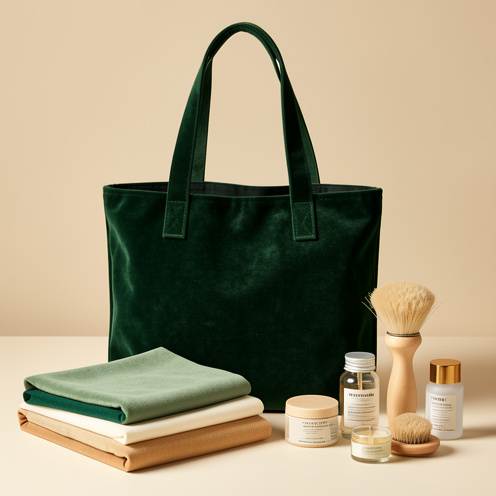 Cabas vert en velours présenté avec des échantillons de tissus dans des tons assortis et des accessoires d’entretien sur un fond neutre.