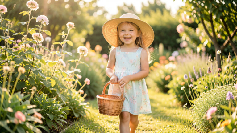 Une petite fille porte une capeline légère en paille dans un jardin baigné de soleil.
