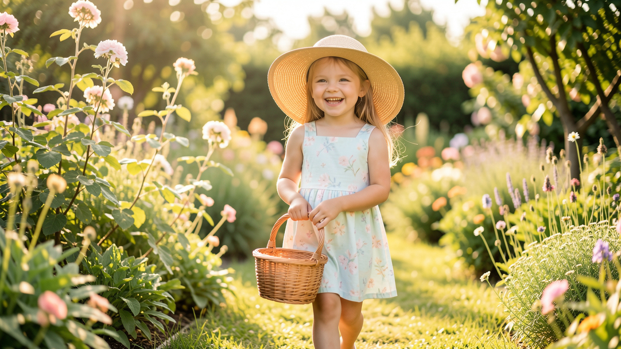 Une petite fille porte une capeline légère en paille dans un jardin baigné de soleil.
