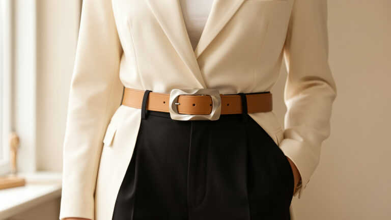 Ceinture en cuir beige à boucle métallique structurante portée avec un blazer crème et un pantalon noir taille haute.