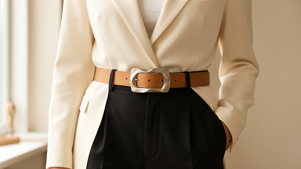 Ceinture en cuir beige à boucle métallique structurante portée avec un blazer crème et un pantalon noir taille haute.