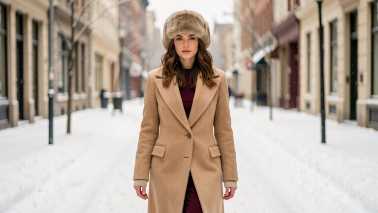 Femme élégante portant une chapka en fausse fourrure et un manteau en laine dans une rue enneigée en hiver.