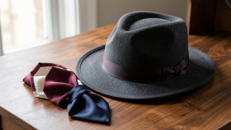 Chapeau en feutre gris anthracite accompagné d’une pochette en soie élégante aux tons bordeaux, ivoire et bleu profond.