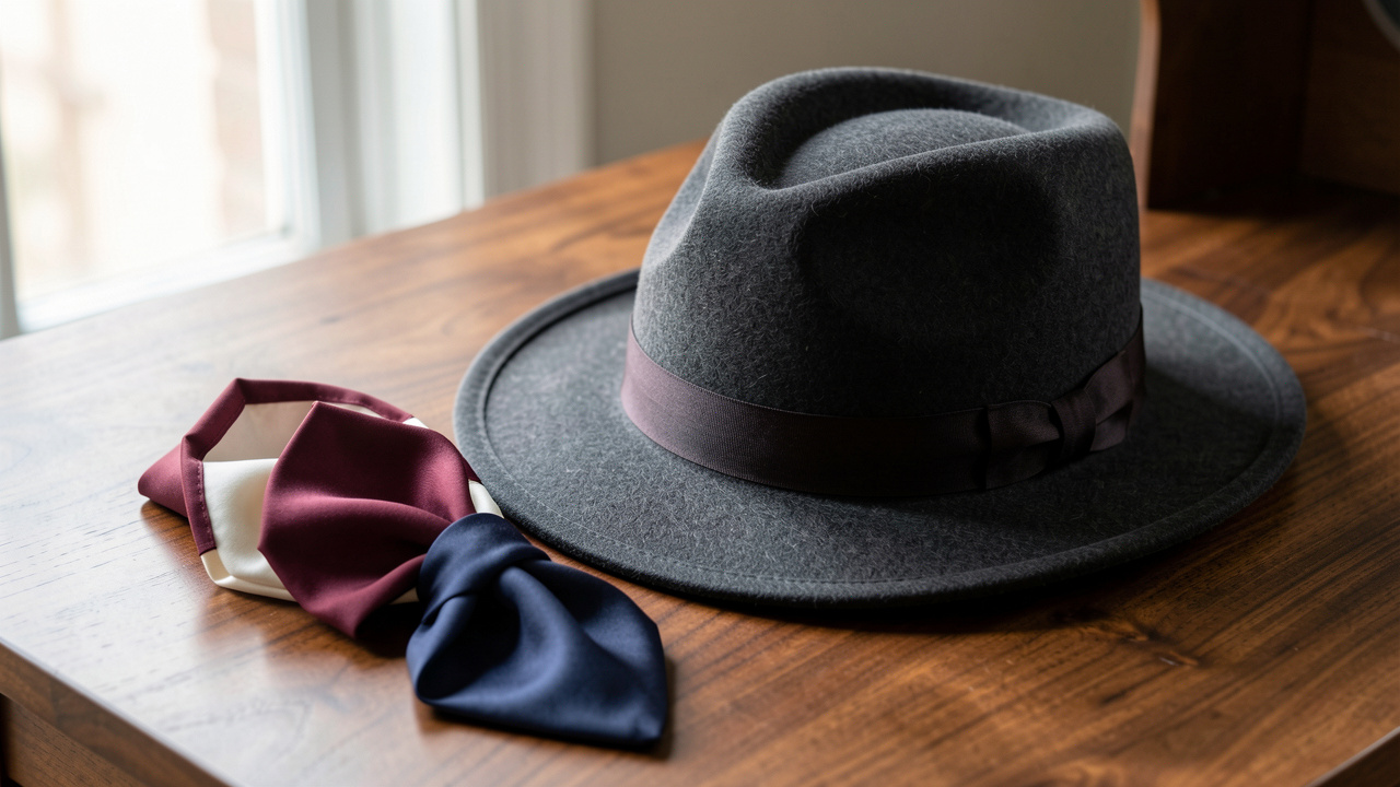 Chapeau en feutre gris anthracite accompagné d’une pochette en soie élégante aux tons bordeaux, ivoire et bleu profond.