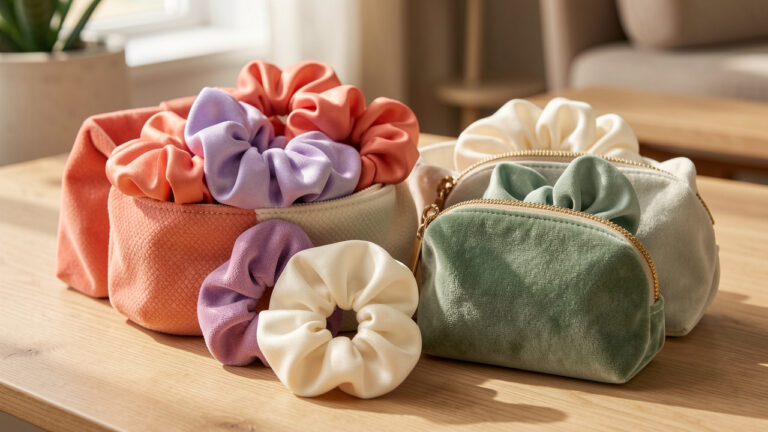Chouchous en tissu colorés disposés dans et autour de petites pochettes de mode.