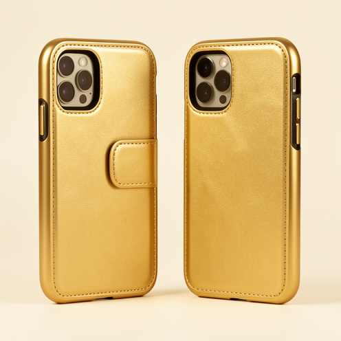 Étui de téléphone en similicuir doré présenté sous plusieurs angles, mettant en valeur ses finitions soignées et ses bords protecteurs.
