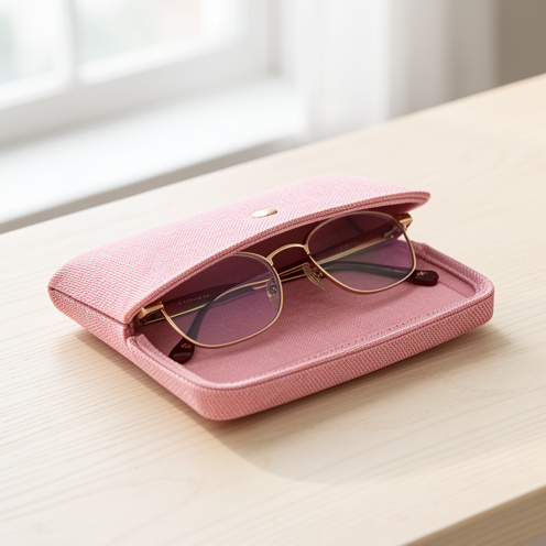 Étui à lunettes rose en lin et similicuir, légèrement ouvert sur une table en bois clair, avec des lunettes protégées à l’intérieur.