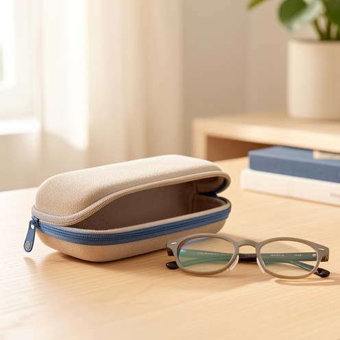 Étui à lunettes abordable et résistant, avec doublure douce et fermeture éclair, présenté à côté d’une paire de lunettes.