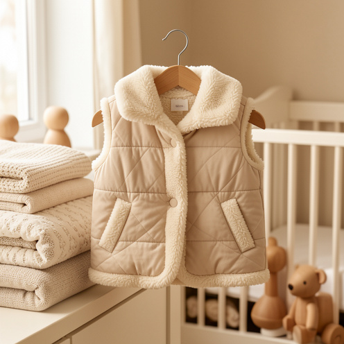 Gilet doublé d’une douce fourrure claire pour bébé, présenté sur un cintre dans une chambre chaleureuse.