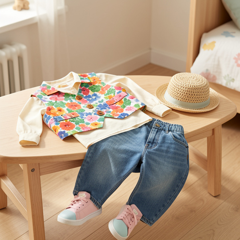 Gilet fleuri pour enfant présenté avec une chemise crème, un pantalon en jean, des baskets pastel et un chapeau tressé.