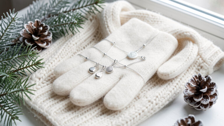 Moufles en laine crème accompagnées de pendentifs argentés et de bijoux délicats sur une écharpe tricotée, dans une ambiance hivernale élégante.