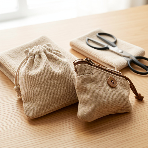 Petits sacs à tabac en tissu de plusieurs formats, présentés avec différents types de fermetures et des accessoires d’entretien sur une table en bois.