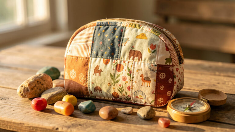 Pochette artisanale en tissu pour enfant, ornée de motifs colorés et de coutures apparentes, posée près de petits trésors naturels et d’une boussole en bois.
