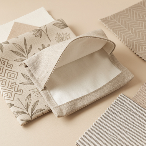 Pochette en lin ouverte avec doublure en coton, entourée d’échantillons de tissus aux motifs botaniques, géométriques et rayés.