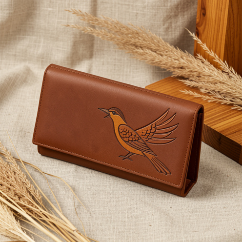 Pochette marron ornée d’un motif graphique d’oiseau, posée sur une surface en lin naturel avec des éléments végétaux secs.
