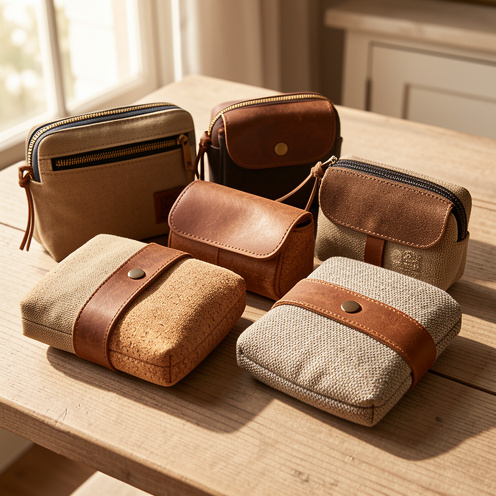 Assortiment de pochettes à tabac de différentes matières et tailles, avec fermetures à glissière, boutons-pression, cordons et aimants.