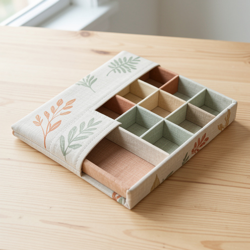 Porte-chéquier en lin enduit décoré de motifs botaniques subtils, présenté ouvert sur une table en bois clair.