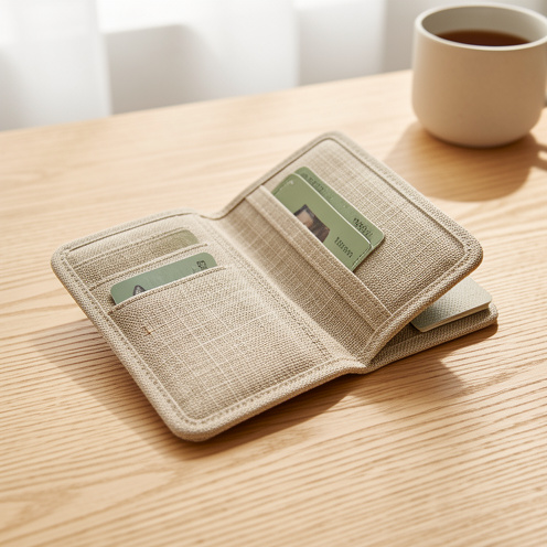 Porte-monnaie ouvert en lin enduit posé sur une table en bois clair, avec une texture tissée visible et plusieurs compartiments.