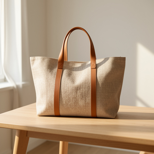 Sac cabas élégant associant du lin naturel et du similicuir, présenté dans un intérieur lumineux et minimaliste.