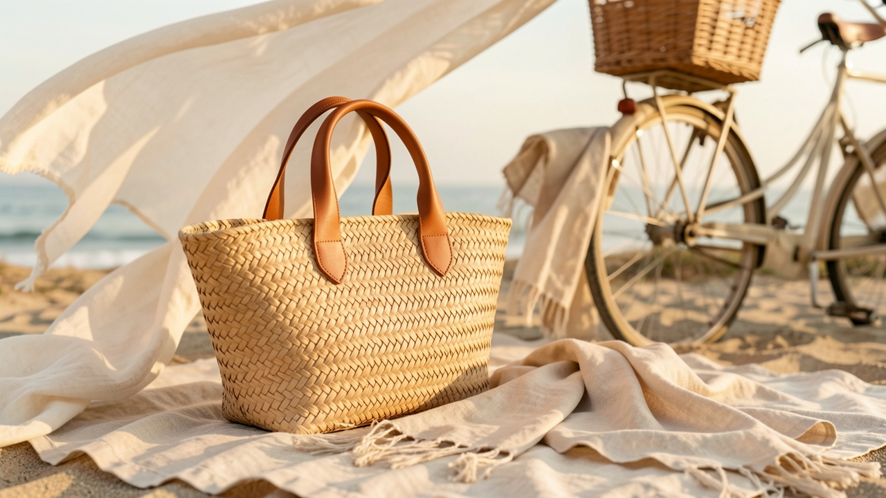 Sac d’été rétro en paille tressée avec anses en cuir caramel, posé près d’un foulard en lin et d’un panier de bicyclette dans une ambiance balnéaire dorée.