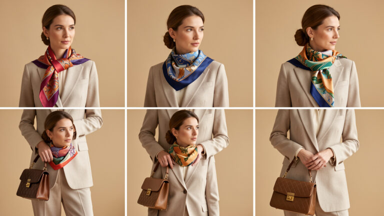 Femme élégante portant un foulard en soie coloré de sept façons différentes avec une tenue sobre et raffinée.