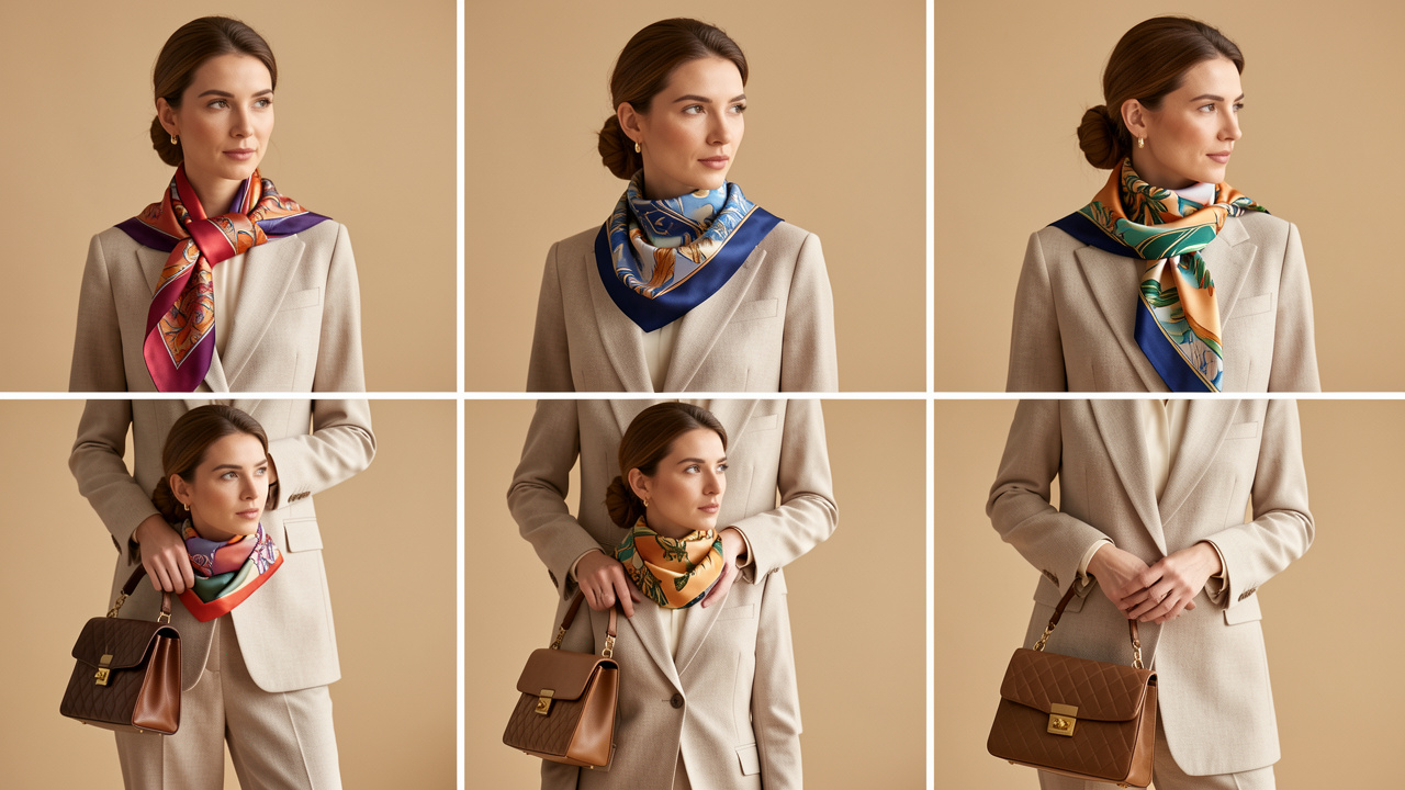 Femme élégante portant un foulard en soie coloré de sept façons différentes avec une tenue sobre et raffinée.