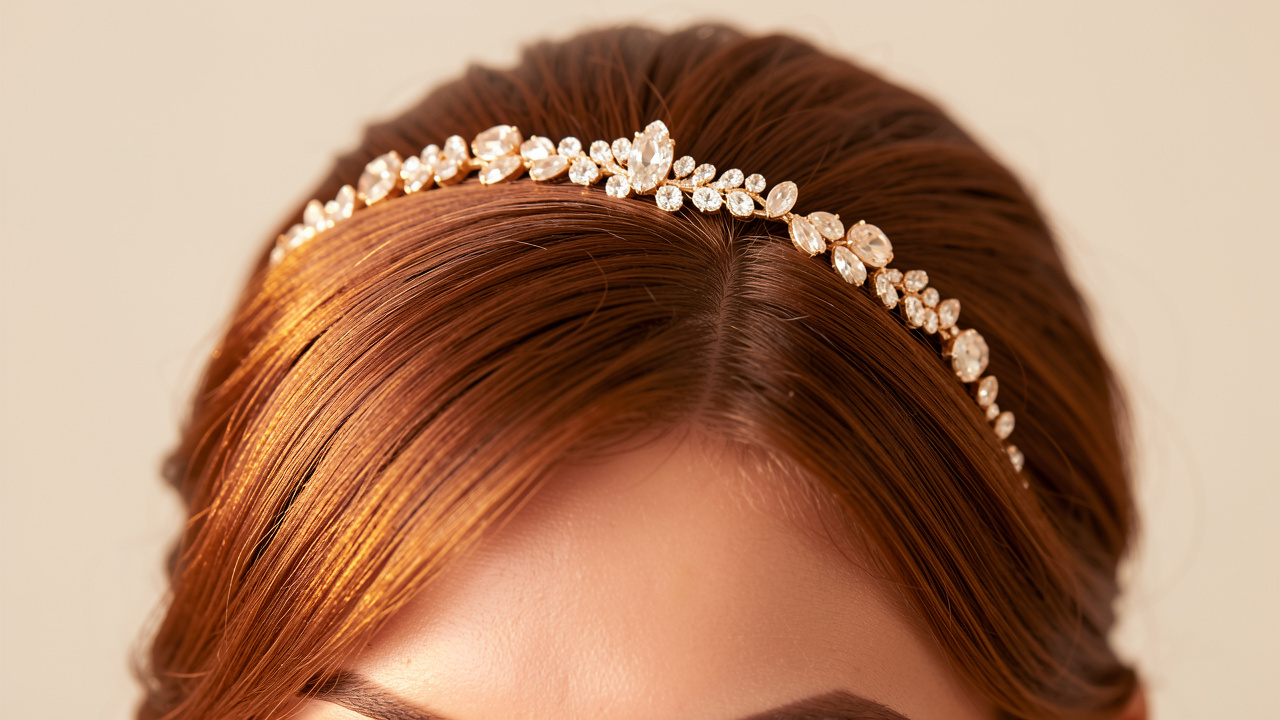 Serre-tête orné de détails dorés posé sur une coiffure châtain soigneusement arrangée, avec un effet lumineux et élégant.