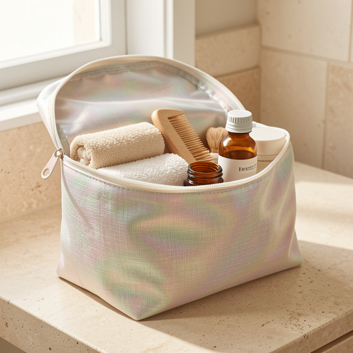 Trousse de toilette en lin irisé ouverte sur un comptoir de salle de bains, avec des accessoires de soin soigneusement rangés.