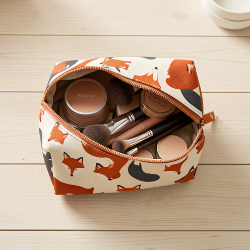 Trousse de maquillage pratique à motif renard, entrouverte avec des pinceaux et des produits cosmétiques soigneusement rangés.