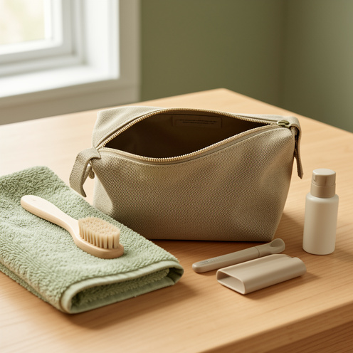 Trousse en toile enduite ouverte sur une table en bois, entourée d’accessoires d’entretien aux tons naturels.