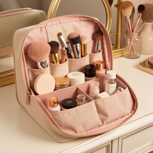 Trousse de toilette ouverte et bien organisée, avec plusieurs compartiments contenant des pinceaux, des produits de maquillage et des accessoires de soin.