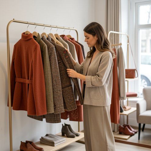 Une styliste examine une veste texturée parmi une sélection de vêtements et d’accessoires de créateurs dans une boutique élégante.